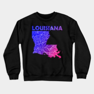 Colorful mandala art map of Louisiana with text in blue and violet Crewneck Sweatshirt